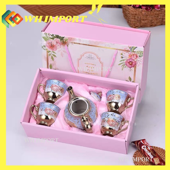 

Tea Set Tea Pot Set Eropa Style Hampers Lebaran Hadiah Nikahan Kado - Blue Flower, 2 Cangkir