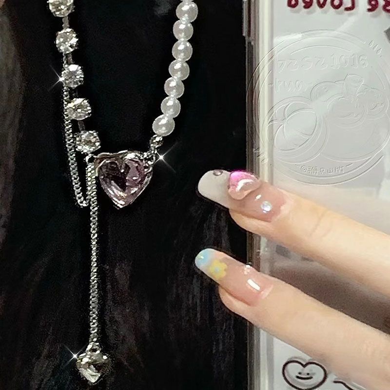 Kalung Rantai Perak Choker Untuk Wanita Y2K Pink Manis Zirkon Hati Liontin Kalung Aksesoris Perhiasan