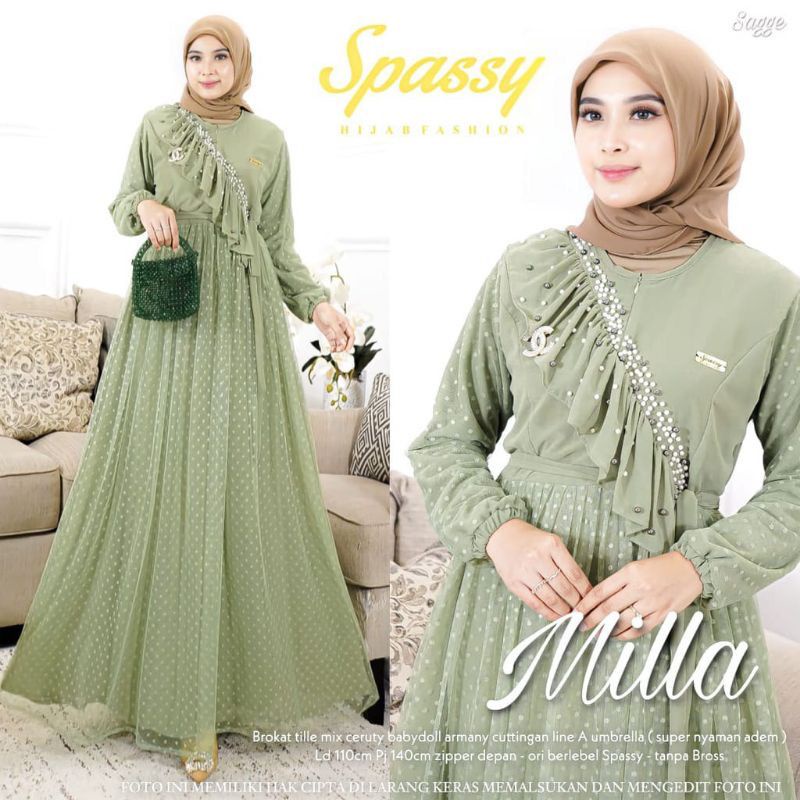 Baju Gamis Lebaran Baju Kondangan Wanita Kekinian Milla Dress Ceruty Babydoll Mix Tille Dot Gamis Dewasa Gaun Pesta Muslimah