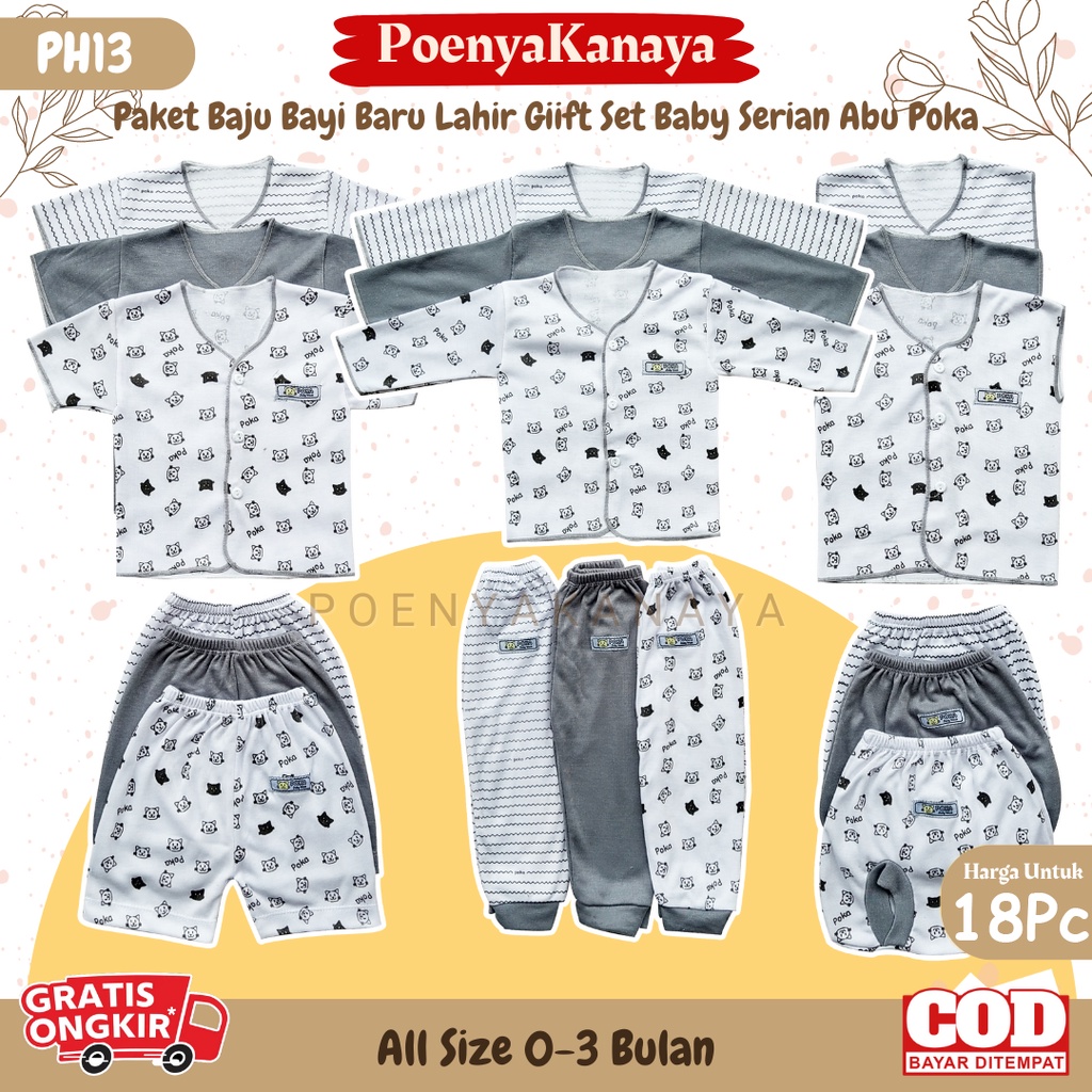 Paket 18pcs Setelan Baju Bayi Celana Bayi Baru Lahir Gift Set Baby Seri Abu POKA PH13