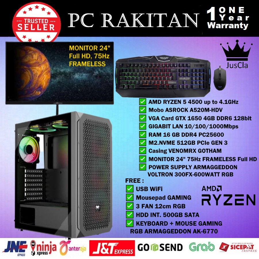 MONITOR 24&quot; + PC KOMPUTER AMD RYZEN 5 4500 4,1GHz|RAM 16GB|VGA GTX 1650 4GB|SSD 512GB NVME|HDD 500GB|KEY+MOUSE GAMING RGB|USB WIFI