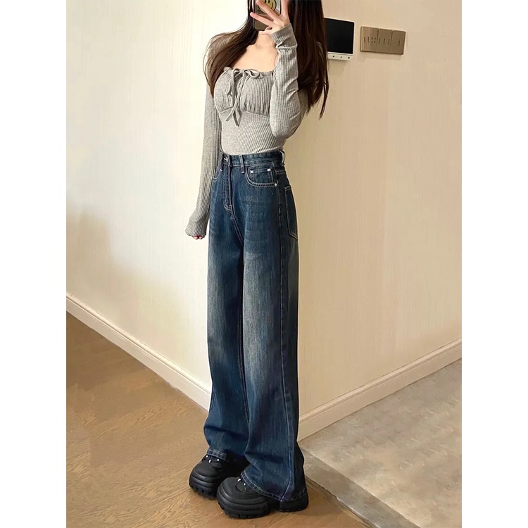 Retro Highwaist Loose Celana Jeans Wanita Korea Terbaru (realpict)(desain tanduk mikro)