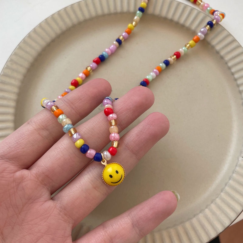 Kalung Rantai Klavikula Dengan Liontin Smiley Face Warna-Warni Untuk Wanita