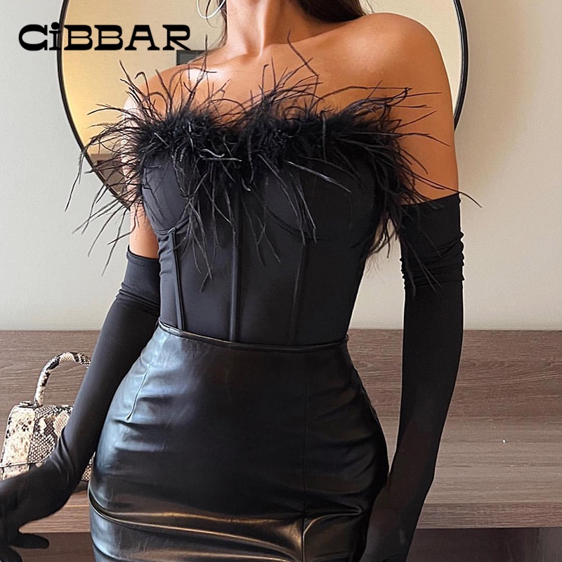 CIBBAR Seksi Bulu Patchwork Camis Tanaman Blus Pesta Estetika Yang Elegan Tabung Tops 2000S Fashion