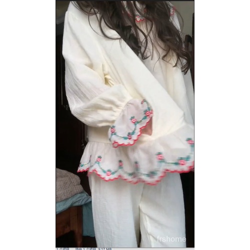 Gadis manis bersulam rasa desain piyama lengan panjang set piyama wanita musim semi dan musim gugur