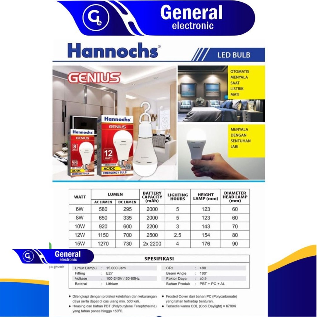 Hannochs Genius Lampu Emergency LED 8W / 10W / 12W / 15W Cahaya Putih