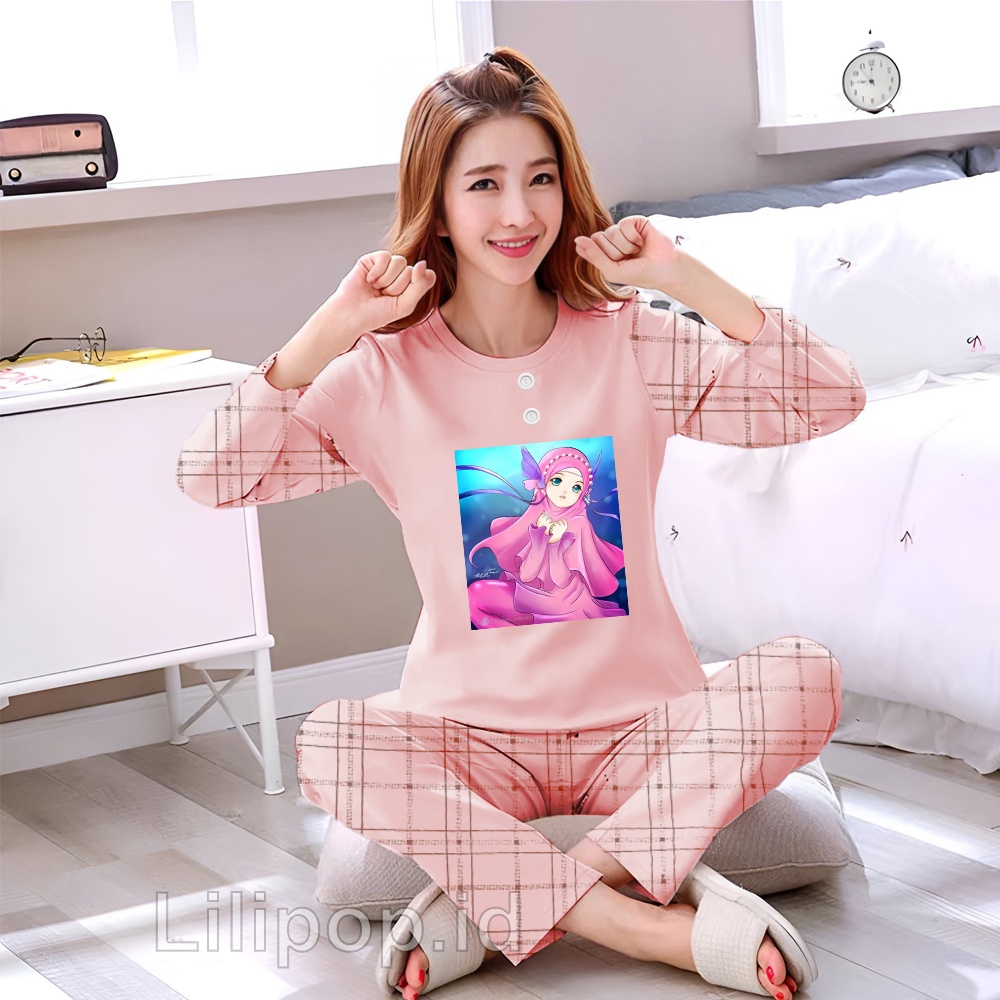 Lilipop.id  Baju Tidur Wanita mermaid hijabers Celana Panjang PP Allsize Lengan Panjang Baby Doll Bahan Kaos Dewasa