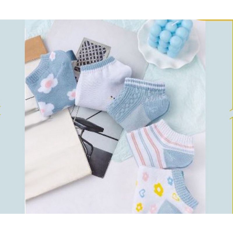 KAOS KAKI PENDEK MOTIF BUNGA BLUE / KAOS KAKI PENDEK IMPOR