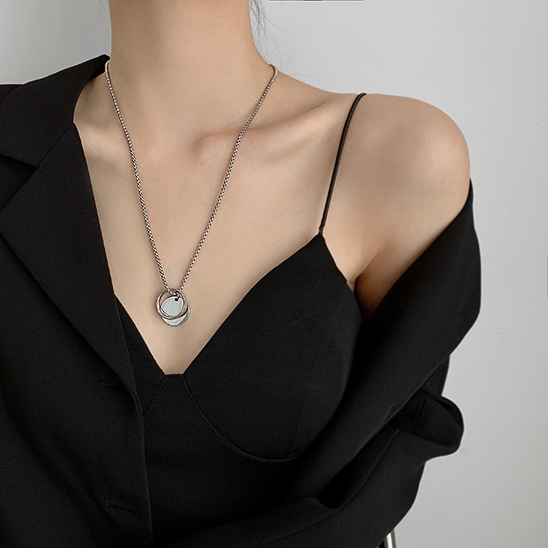 Papaozhu Keren Stainless Steel Cincin Disc Liontin Kalung Untuk Wanita Pria Sederhana Sweater Rantai Trendi Pasangan Aksesoris Leher