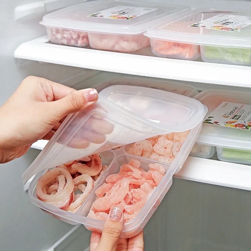 4 Grids Refrigerator Vegetable Fresh Keeping Case / Reusable PP Plastic Food Fruit Storage Box With Cover