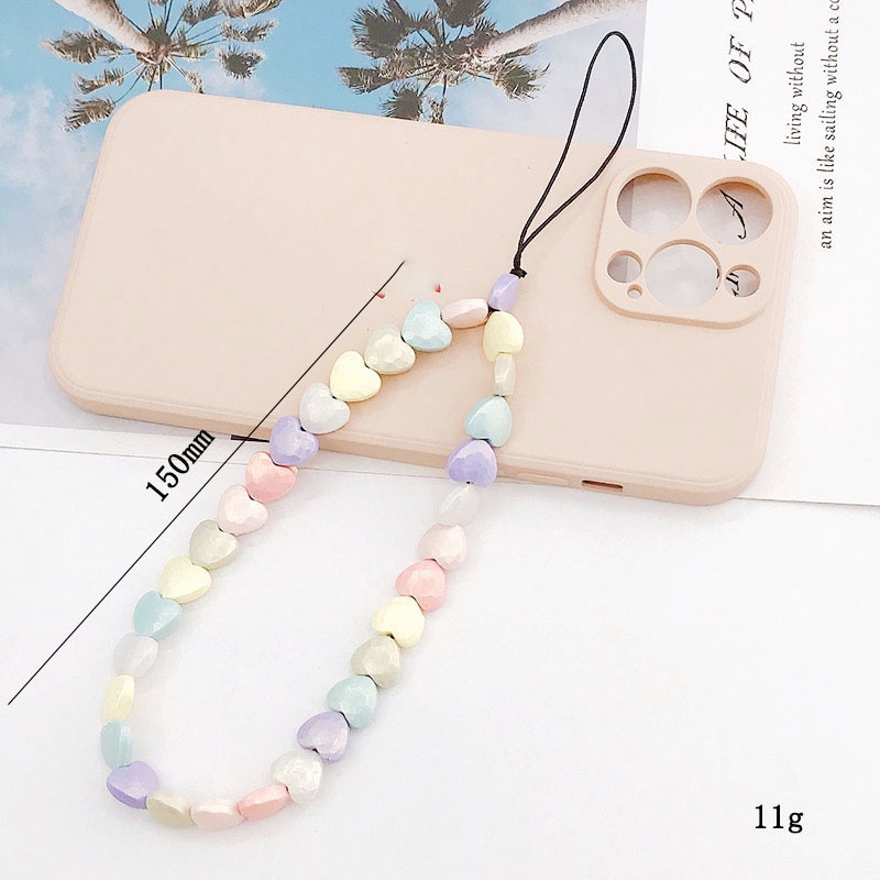 Gadis Lucu Cinta Hati Matte Rainbow Beads Rantai Strap Untuk iPhone Android OPPO VIVO Huawei Xiaomi Redmi Samsung Semua Ponsel Gelang Anti Hilang