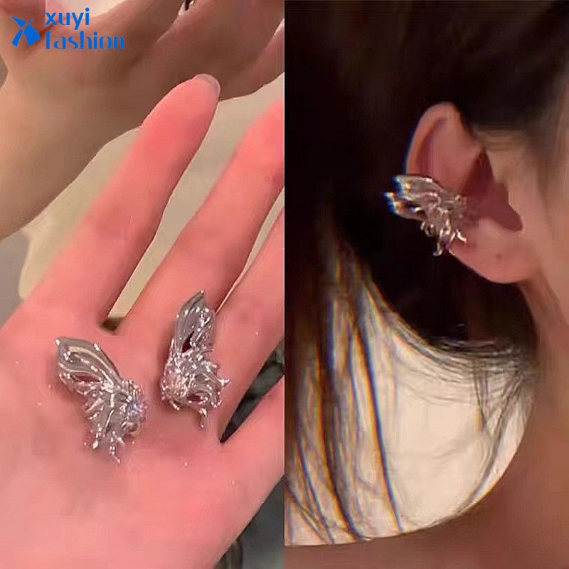 Anting Klip Spirit Anting Kupu-Kupu Silver Berkilau Untuk Perhiasan Wanita Y2K Aksesoris