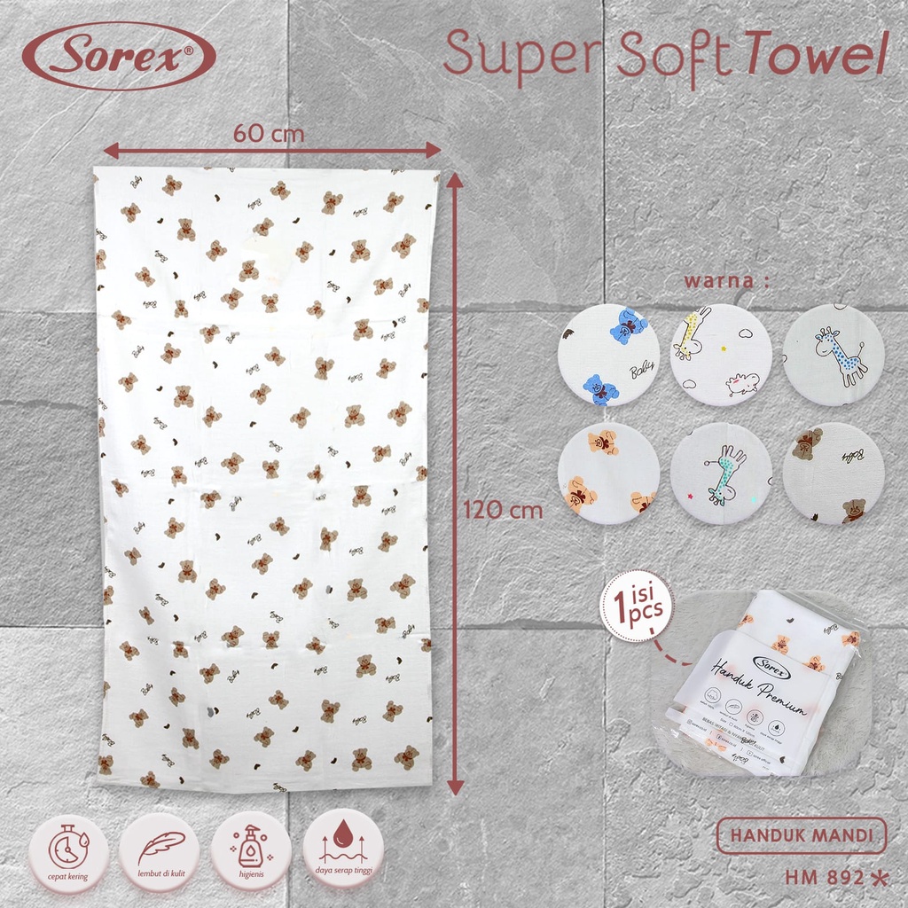 Sorex Handuk Mandi Anak dan Dewasa Super Soft Towel Lembut Daya Serap Tinggi Motif Beruang