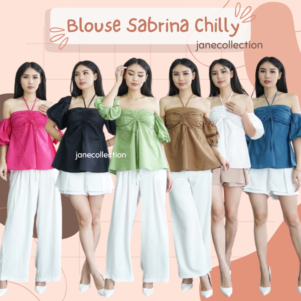 JANE COLLECTION || Atasan Wanita Halter Neck Lengan Balon Sabrina Bahan Katun OOTD Casual Korea Blouse Sabrina Chilly