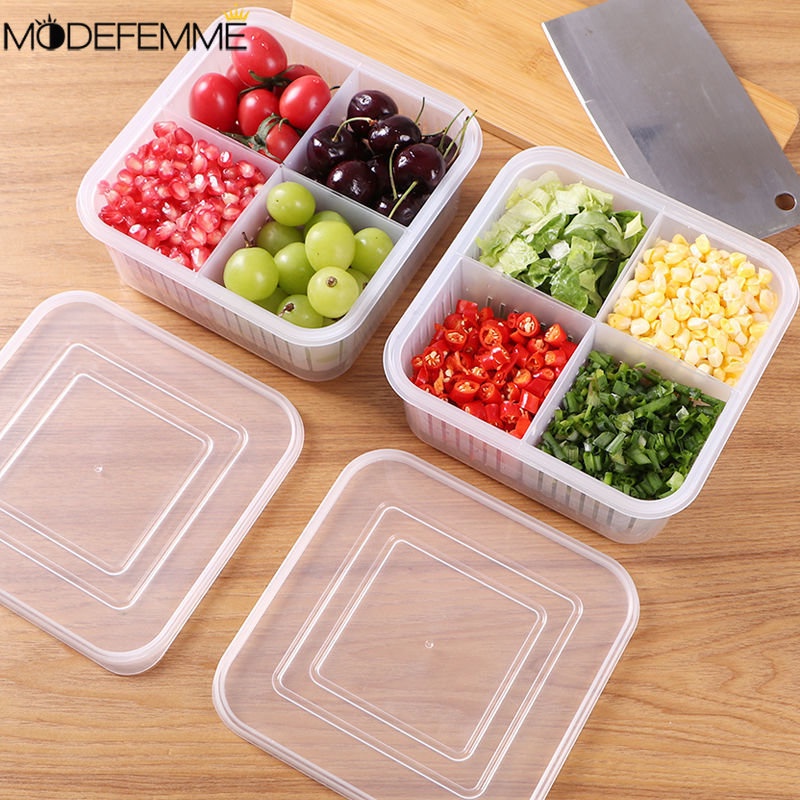 Snack Bumbu Sub-Packed Box Sealed Berpendingin Wadah Makanan Ramah Lingkungan Alat Penyimpanan Dapur Buah Sayur Fresh-keeping Box Empat Girds Design Draining Case