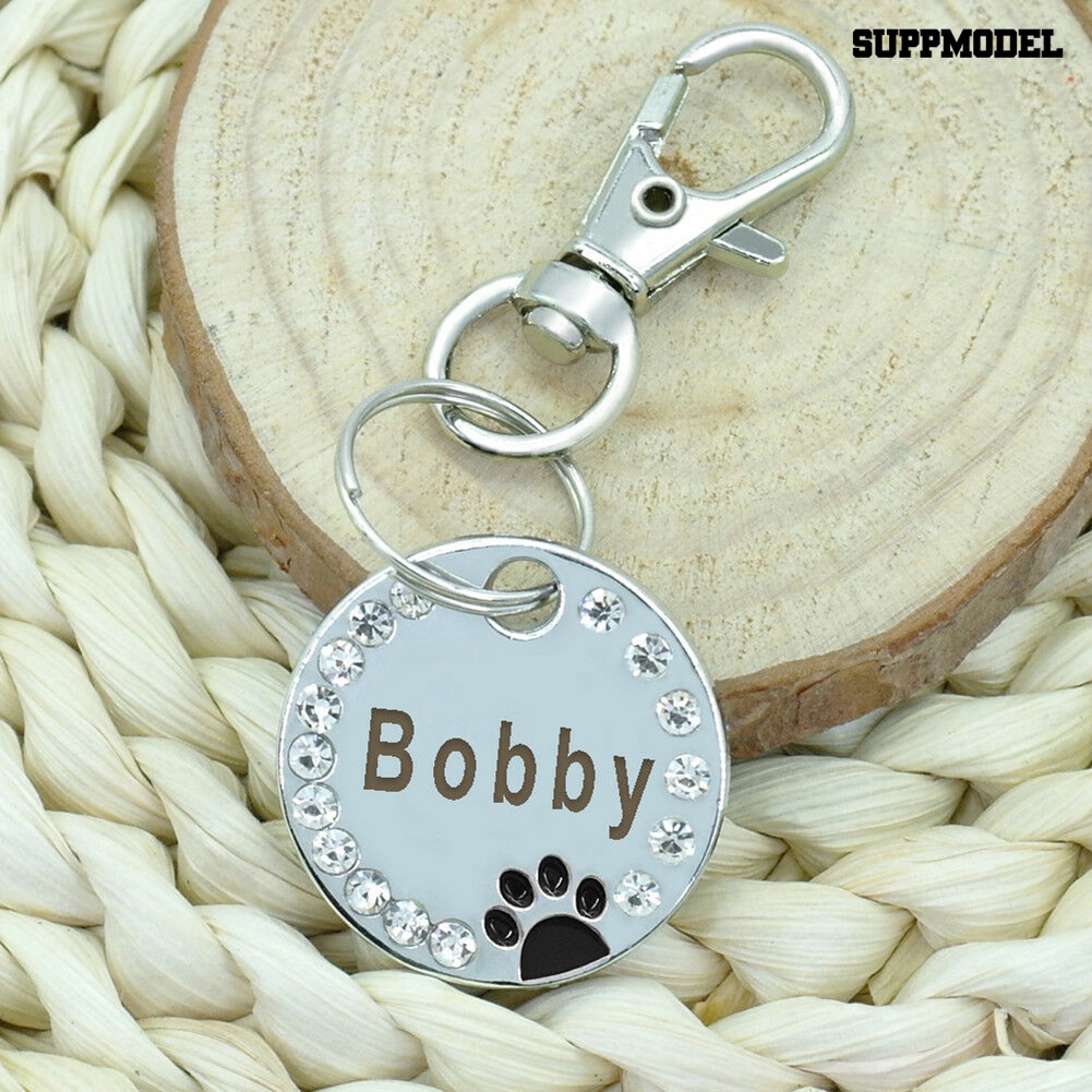 [SM] 25mm Metal Blank Dog Tag Paw Berlian Imitasi Kucing Peliharaan ID Nama Grafir Gantungan Kunci Rantai