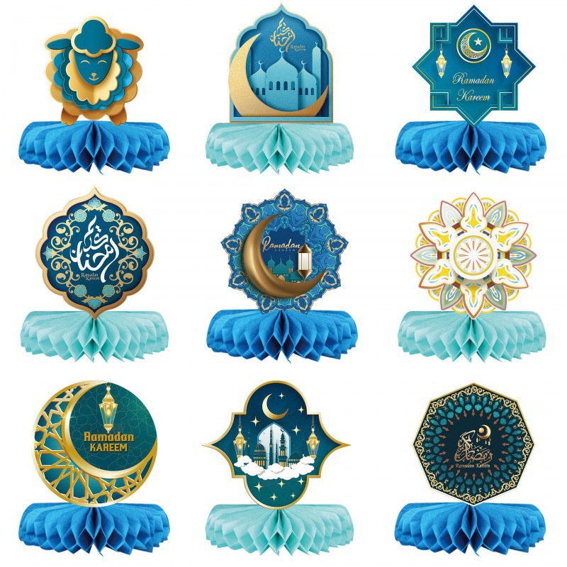 9pcs/set Tema Lebaran Bintang Bulan Castle Party Paper Fan Honeycomb Hiasan Dekorasi Desktop