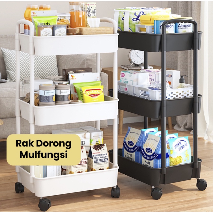 Rak Troli Susun Serbaguna Rak Dapur Stainless Rak Salon Rak Kamar Mandi dengan Roda dan Pegangan Tempat Penyimpanan Makan