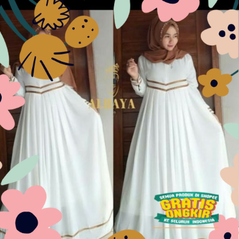 gamis putih hitam/alhaya/gamis terpopuler/gamis putih remaja/fashion wanita/gamis polos/polosan/dres