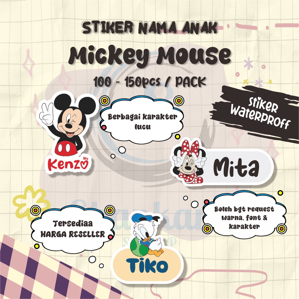 

( 100-150pcs) Stiker Nama TEMA MICKEY MOUSE / Stiker Nama Custom / Stiker Nama Waterproff / Stiker Efek Hologram