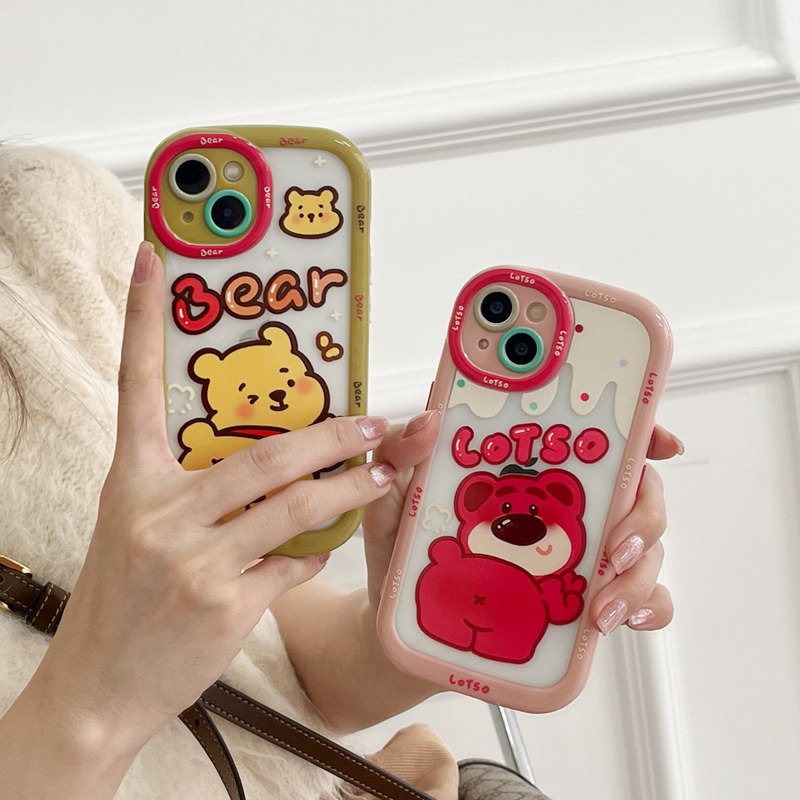 Cute Bears Puff Casing HP iPhone 11 12 13 14 Pro Max14 Plus Hadiah Teman Pink Lucu Wanita Soft Casing Cover Winnie Strawberry Bear