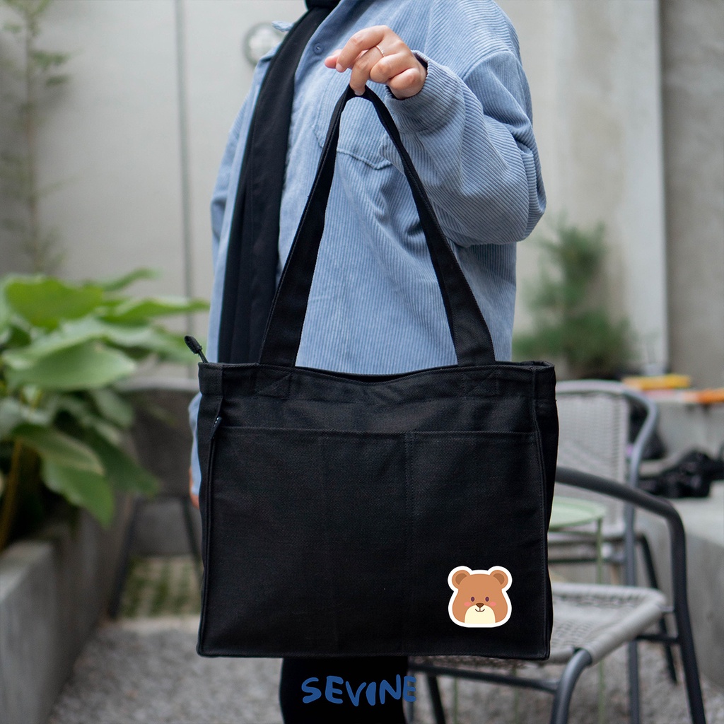 Sevine Totebag Kanvas Rebecca Tas Wanita Tote Bag Kuliah Sekolah Sekat Botol Laptop Hitam Elegan Aesthetic - WH