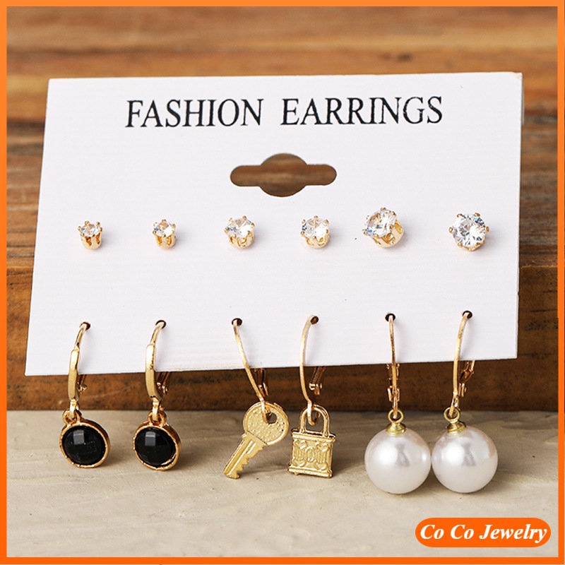 Cocojewelry 6pasang/set Anting Hoop Mutiara Zirkon Emas Antik Kreatif Stud Earring