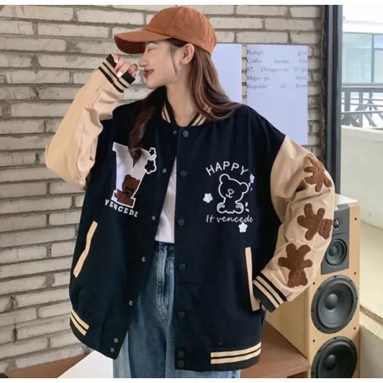 Happy Vencede Jacket Baseball Varsity V HAPPY BEAR Pria Wanita Korean Style