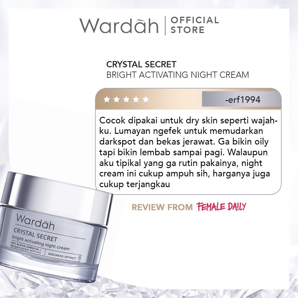 WARDAH Crystal Secret Bright Activating Night Cream Indonesia / Pelembab Wajah 9ml 15ml 30g / With Alpha Arbutin + Brightening Peptide Edelweiss Extract / Moisturizes &amp; Nourishes For Crystal Bright Skin / Skincare Face Care Series / Pagi Malam Day Krim