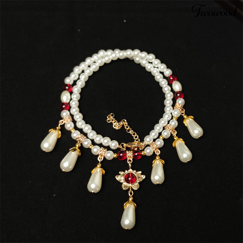 Twowood Hias Berlian Imitasi Teardrop Liontin Adjustable Vintage Kalung Wanita Mutiara Imitasi Cheongsam Necklace Perhiasan Aksesoris