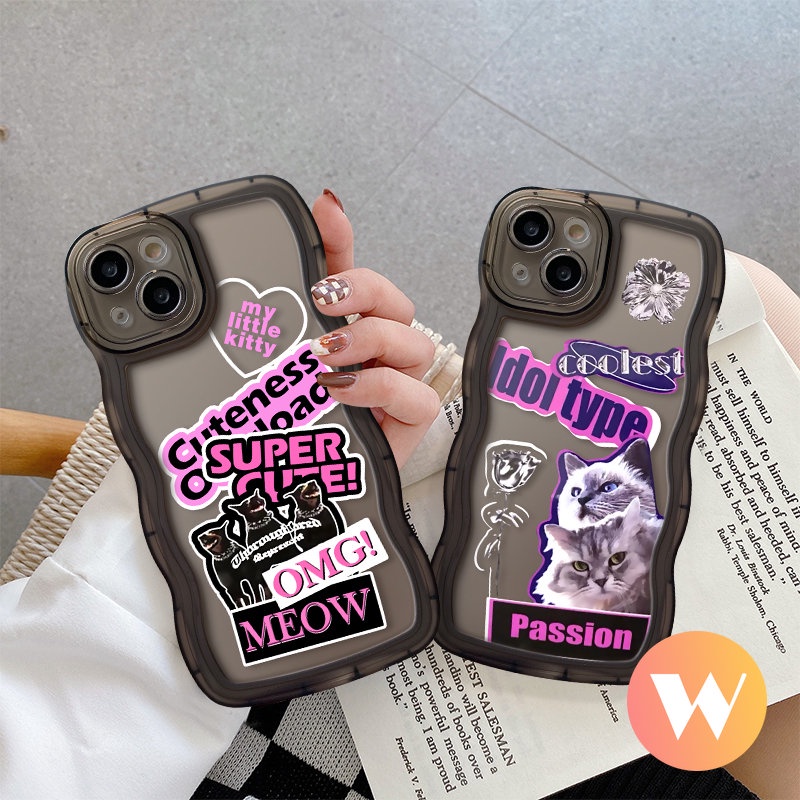 IPHONE Merek Trendi Stiker Label Ponsel Case Kompatibel Untuk Iphone7 6 8 6s Plus XR 11 14 12 13 Pro Max 7Plus X XS Max SE 2020 Lembut Tpu Wavy Edge Cool Fashion Cat Cover