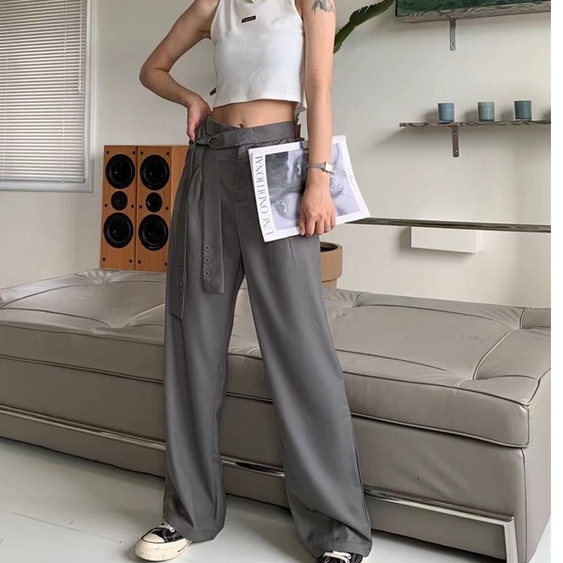 Pants Wanita Warna Solid Kulot Panjang Korea Celana Highwaist