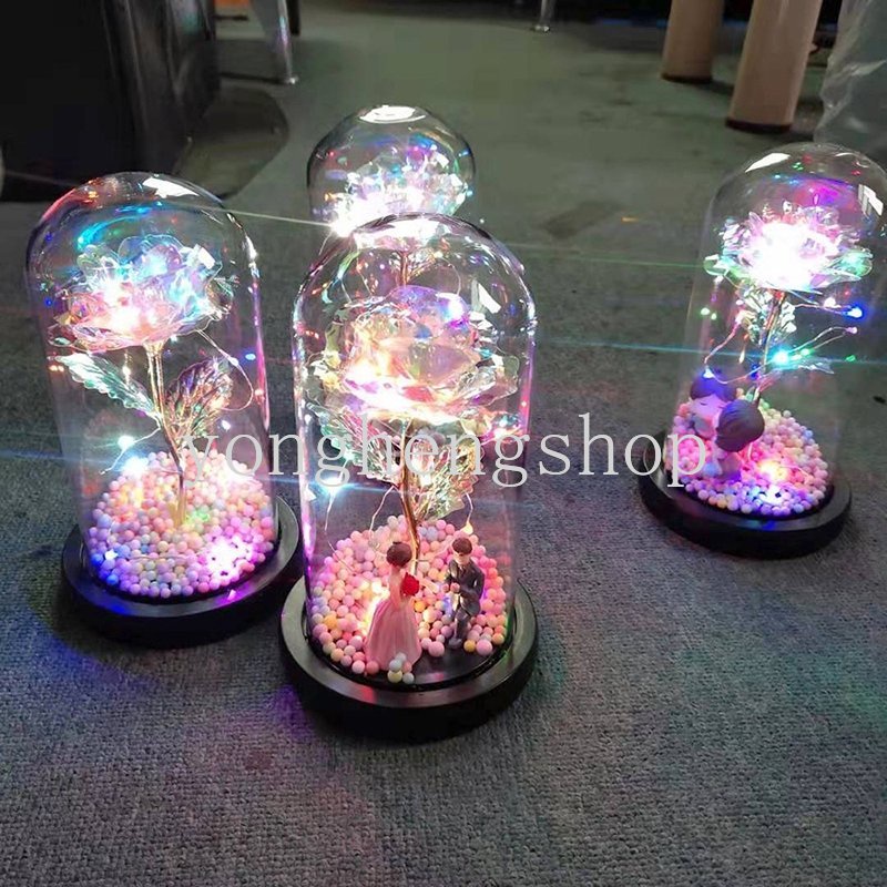 Kap Lampu Kaca Kreatif LED Foil Emas Ornamen Bunga Mawar Dengan Lampu Hari Valentine Hadiah Romantis Ulang Tahun Pernikahan Anniversary Birthday Gift