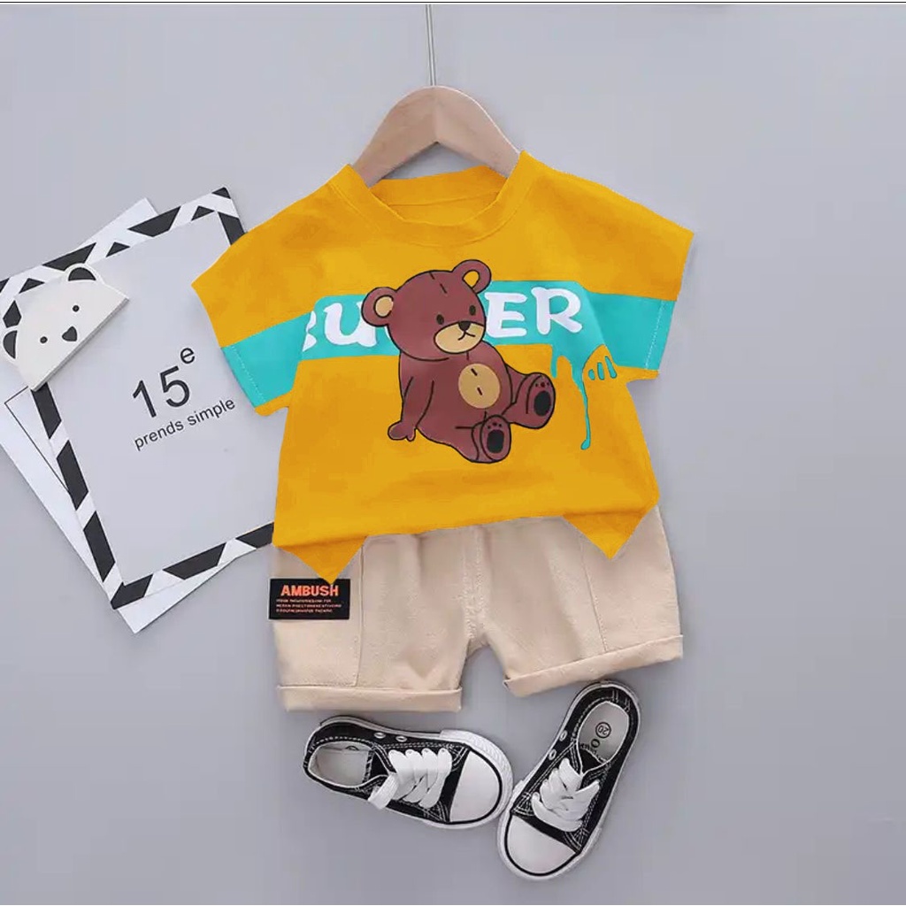 SETELAN ANAK BAJU KAOS CELANA PENDEK BAHAN KATUN ANAK UMUR 1-5 TAHUN MOTIF BEAR SETELAN BAJU ATASAN ANAK LAKI LAKI PEREMPUAN TERBARU