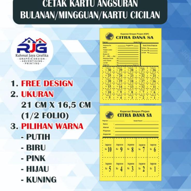

KARTU ANGSURAN MINGGUAN/BULANAN / KARTU ANGSURAN BARANG /KARTU CICILAN 1pak isi (100 lmbr) BAHAN HVS WARNA BISA RIQUES Limited