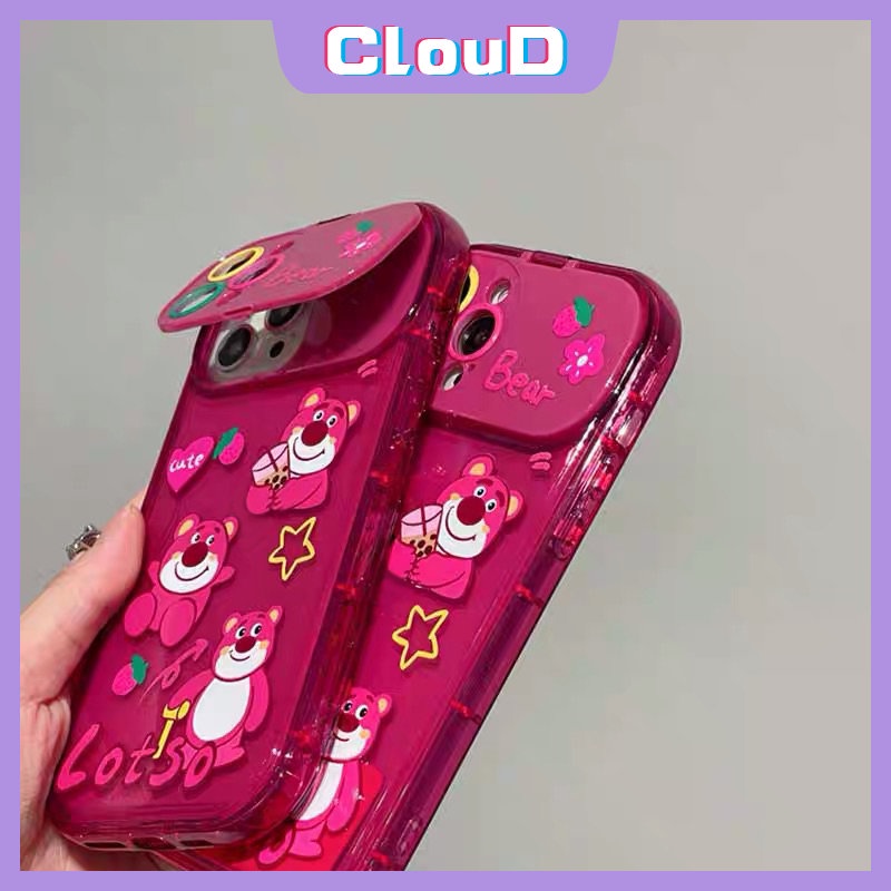 IPHONE Flip Make Up Cermin Rose Red Phone Case Kompatibel Untuk Iphone11 12 14 13 Pro Max XR 7 8 Plus X XS Max SE 2020 Kartun Lucu Strawberry Bear Manyo Cover