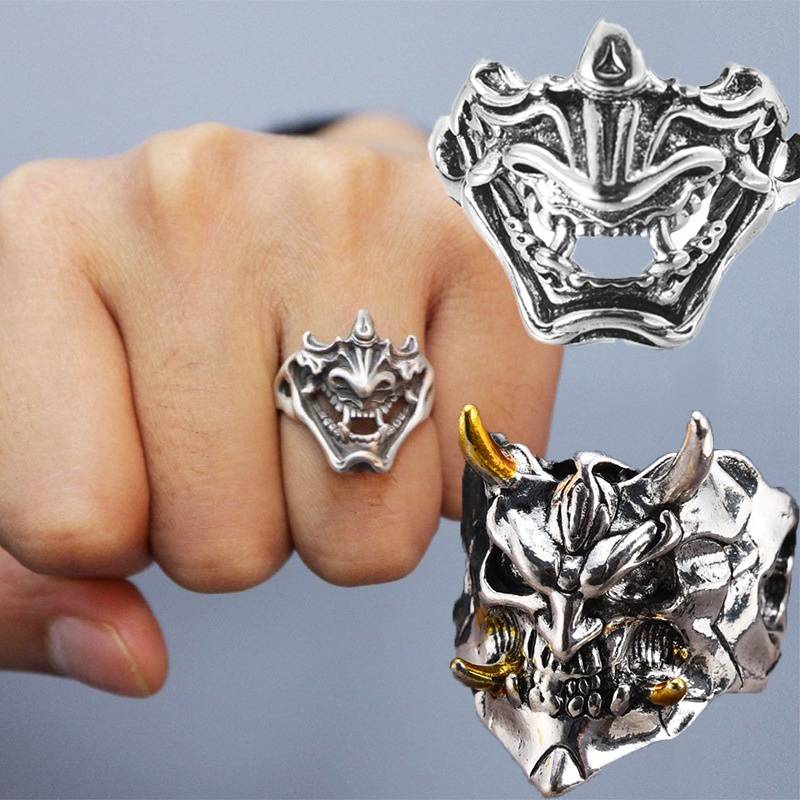 Masker Alloy Gaya Eropa-Amerika Dengan Cincin Terbuka Dapat Disesuaikan Untuk Wanita Dan Pria/Cincin Jari Setan Dua Warna/Cincin Pesta Tengkorak Geometris Retro/Perhiasan Populer