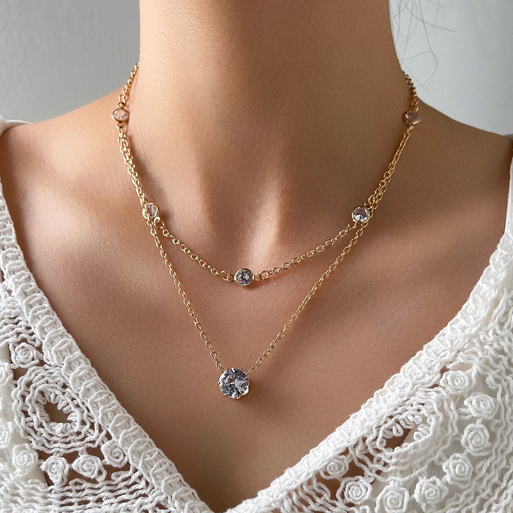 Fashion, Individualitas, Gaya Sederhana, Desain Dua Lapis, Kalung Rantai Kerah Zirkon, 1PCS