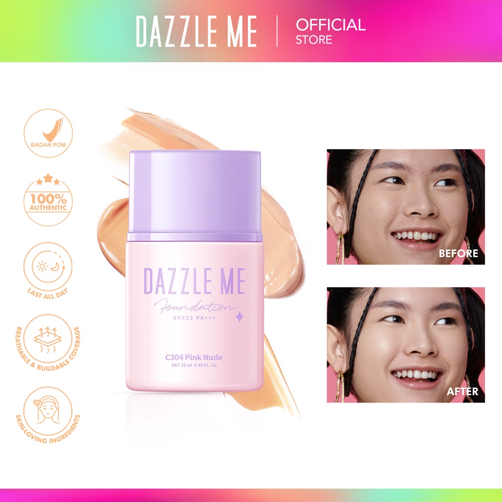 DAZZLE ME Day By Day Foundation Indonesia / SPF 25 PA+++ 25ml / Ultra Long Lasting Waterproof Sweat Proof No Transfer Hyper Coverage Organic Breathable Formula Nude Beige / Cosmetic Makeup Face Make Up Series / BB Cream Compact Loose Powder Cushion Bedak