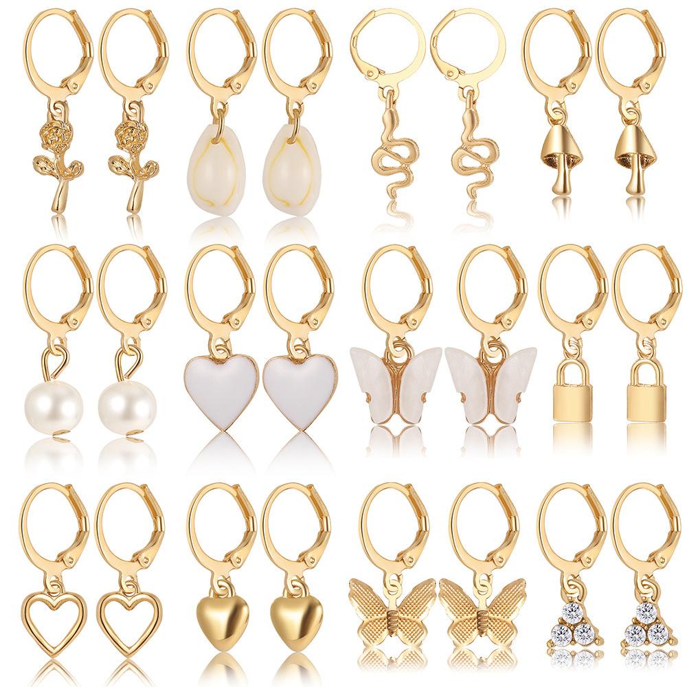 Anting Klip 12 Pasang / Set Mutiara Kristal Kupu Gembok Aksesoris Anting Korea