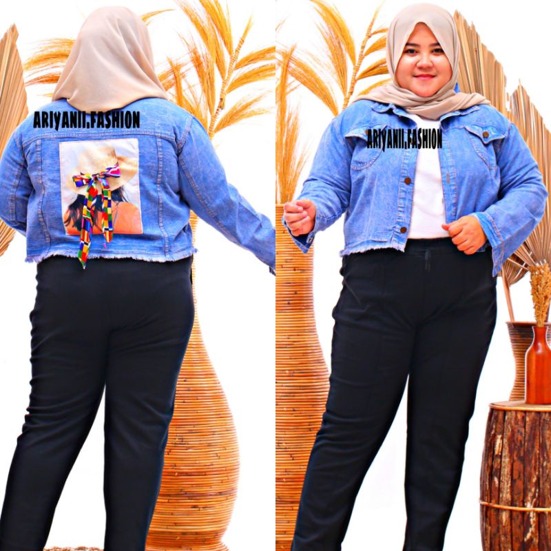 ARN - JAKET WANITA JEANS CROP JUMBO PITA JACKET DENIM OVERSIZE LD 120cm MURAH KEKINIAN JINS SOBEK RAWIS CEWEK KOREAN ORIGINAL SNOW MUAT BB 60 - 85 KG MODEL GAMBAR BELAKANG Emblem 3D