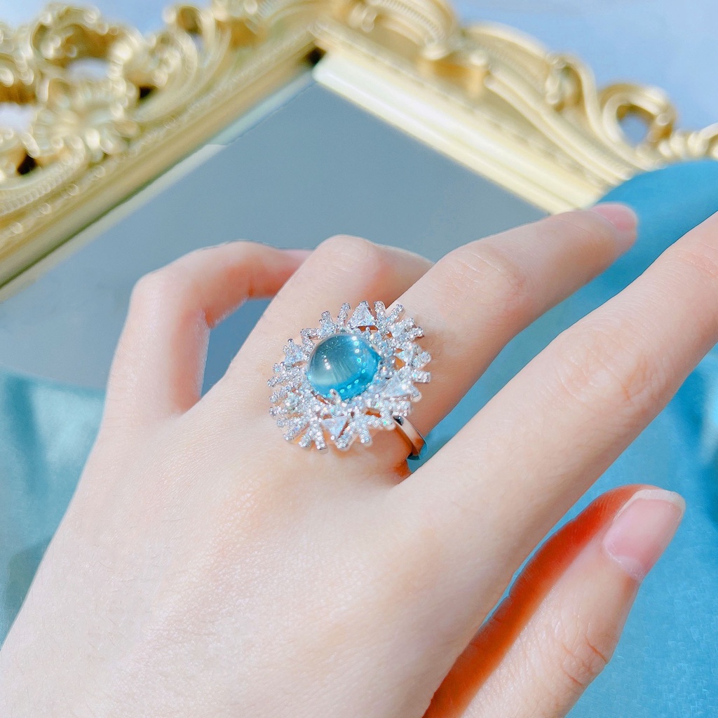 Goldkingdom Fashion Perhiasan Aksesoris Ready Stock Niche Desain Cahaya Mewah Angin Moonlight Batu Cincin Yang Dapat Disesuaikan Kreatif Terang Laut Biru Starlight Snowflake Cincin Perempuan