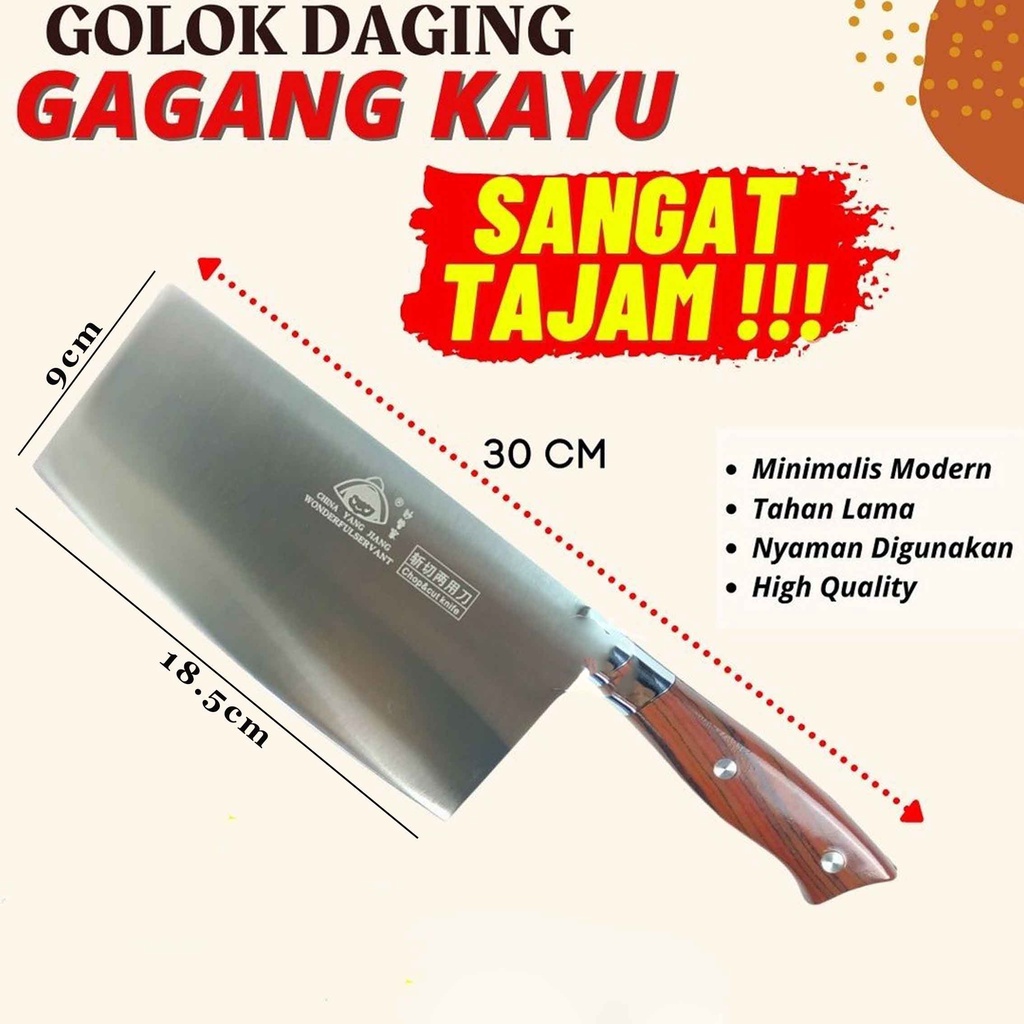 Pisau Gagang Kayu* Miao Guan Jia* Pisau Stainless Steel* Golok Dapur Anti Karat