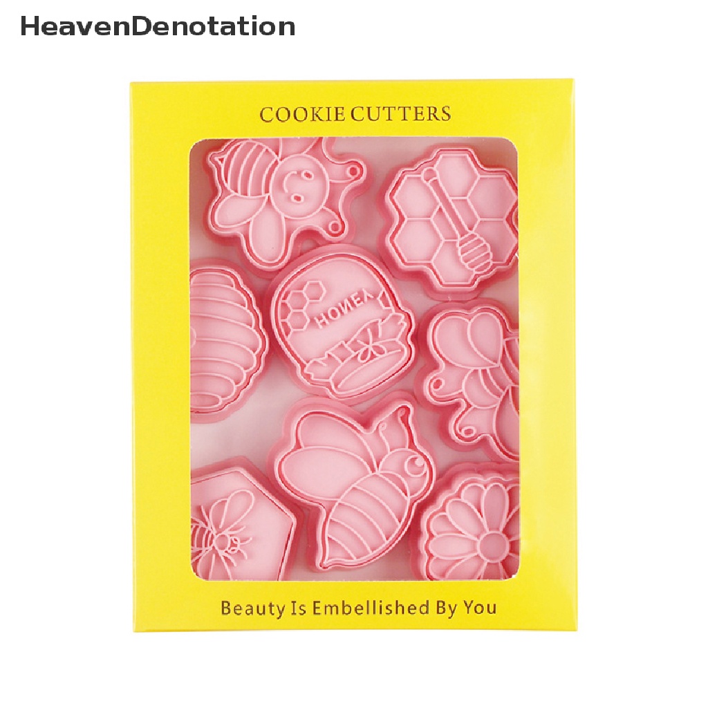 [HeavenDenotation] 8pcs Bee Honeycomb Cookie Cutter 3D Kartun Hewan Ditekan Biskuit Embosser Cetakan Cookie Stamp DIY Fondant Kue Decorag Alat HDV