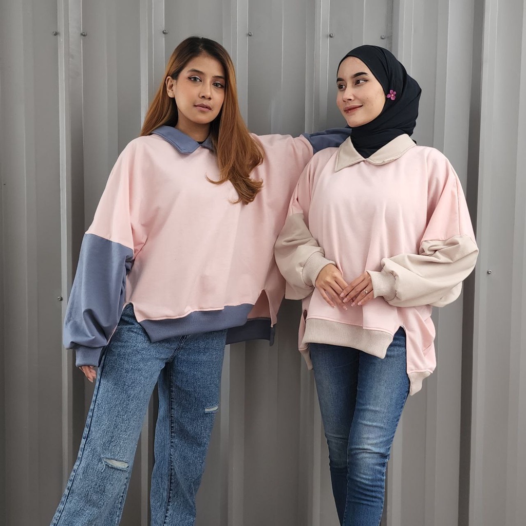 NOUSKA - COLLAR BATWING JUMBO Sweater Oversize Crewneck Sweatshirt Korea Lucu