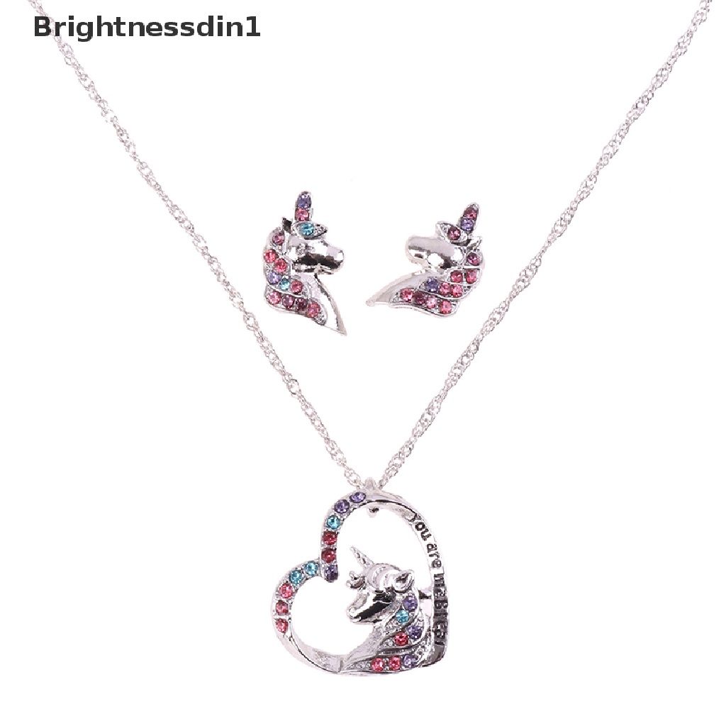 [Brightnessdin1] Gadis Anda Ajaib Lucu Beruntung Unicorn Kalung Stud Anting Birthstone Kuda Perhiasan Hadiah Untuk Anak Perempuan Gadis Sahabat Saudara Butik