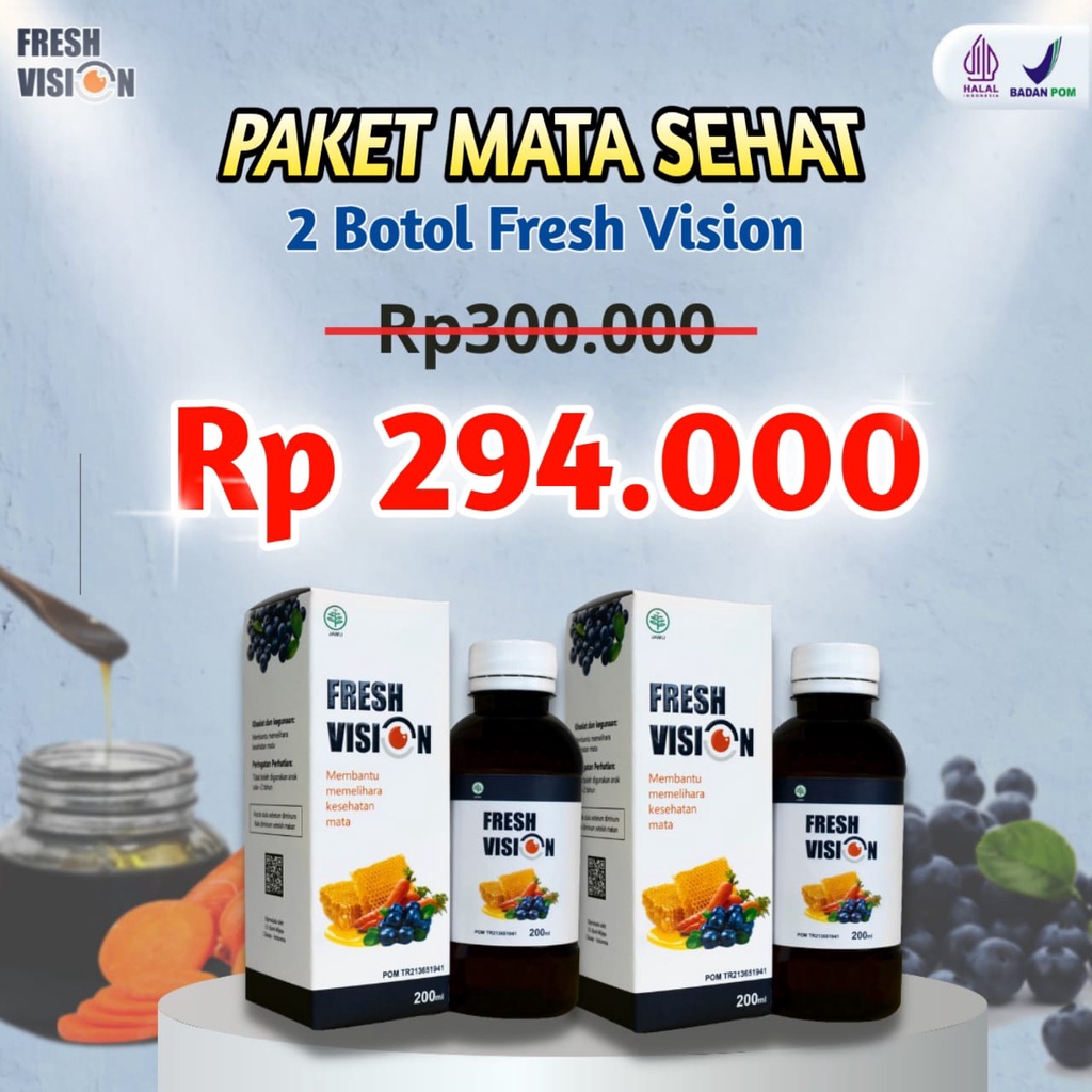 Paket Mata Sehat - 2 Botol Fresh Vision - Multivitamin Mata Ampuh Atasi Masalah Minus Katarak Silinder Cegah Mata Kering Merah Kurangi Peradangan Pencegah Rabun Tajamkan Penglihatan Nutrisi Lihat Tajam Bebas Kacamata Pres Fres fision Tetes Mata Obat Plus