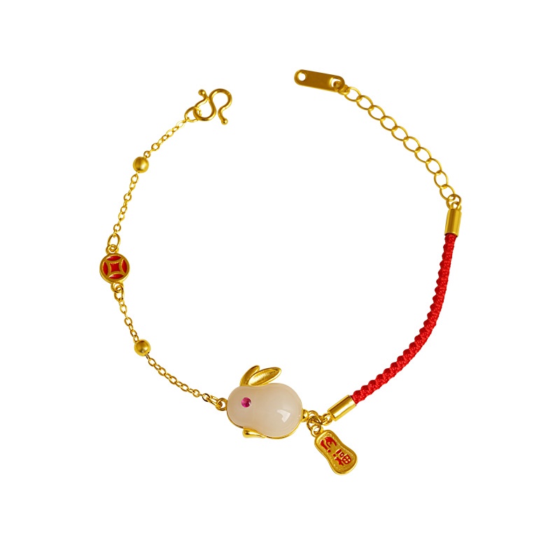 Goldkingdom Perhiasan Fashion Emas Asli Kadar 375Bangkok Aksesoris Ready Stock Retro National Style Na Kelinci Lucu Gelang Fu Wanita Tali Merah Rantai Permata