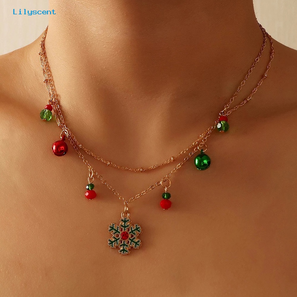 [LS] Wanita Kalung Double Layer Warna-Warni Lonceng Kristal Imitasi Meriah Electroplating Adjustable Dekorasi Hadiah Tahun Baru Natal Snowflake Pendant Rantai Klavikula Perhiasan Pesta