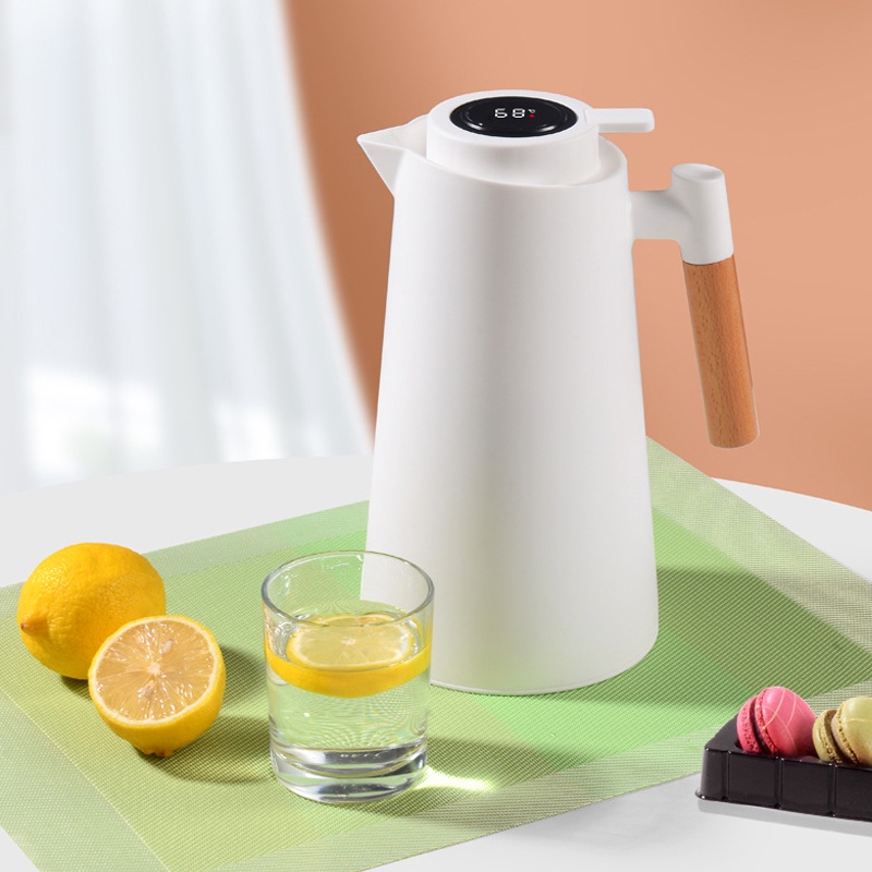 Coffee Pot Botol Termos Kaca Vakum / Jug Insulasi Scandinavian Dengan Gagang Kayu Panci Termos Tampilan Digital Cerdas 1L